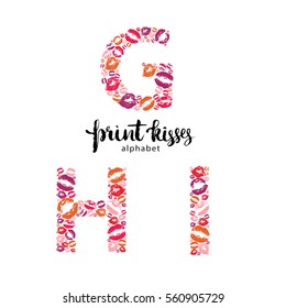 Set of letters  G, H and I, made from print kisses,  part of a complete alphabet collection for your writing or design