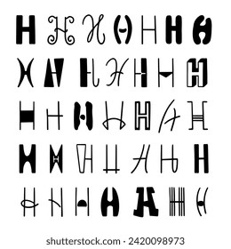 Set of letters H in different styles. Hand drawn lettering. Isolated on white background. Vector illustration.