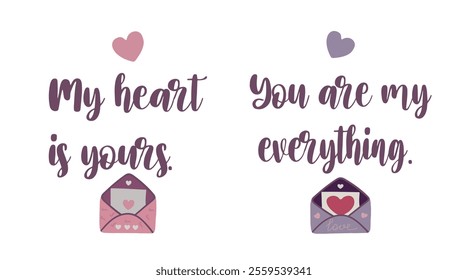 Set of letters with hearts with text. Angels, heart. Vintage symbol of love, Valentine's Day set. Isolated.