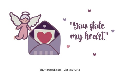 Set of letters with hearts with text. Angels, heart. Vintage symbol of love, Valentine's Day set. Isolated.