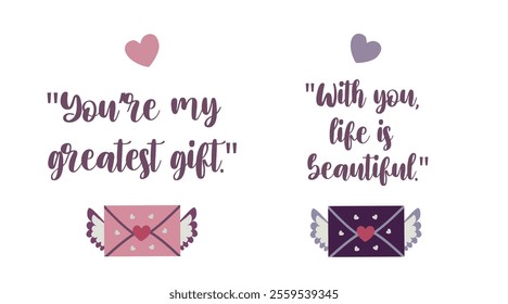 Set of letters with hearts with text. Angels, heart. Vintage symbol of love, Valentine's Day set. Isolated.