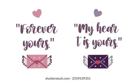 Set of letters with hearts with text. Angels, heart. Vintage symbol of love, Valentine's Day set. Isolated.