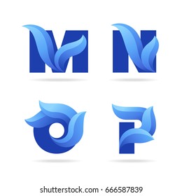 Set of letters icons with blue leaves: M, N, O, P.