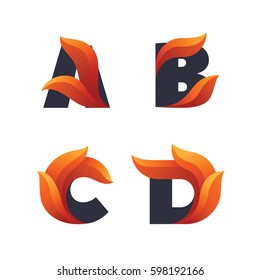 Set of letters icons with fire flames: A, B, C, D.