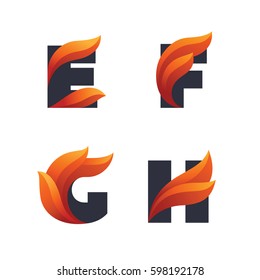 Set of letters icons with fire flames: E, F, G, H.