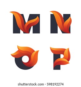 Set of letters icons with fire flames:  M, N, O, P.