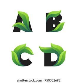 Set of letters icons with green leaves: A, B, C, D. Vector eco design.