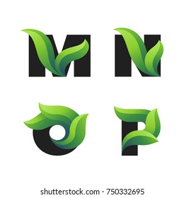 Set of letters icons with green leaves: M, N, O, P. Vector eco design.