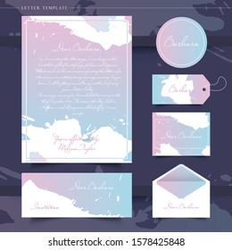 A set of letters, invitations. Pink and blue stains. Envelope, postcard.