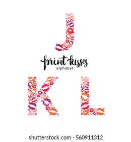 Set of letters  J, K and L, made from print kisses lips,  part of a complete alphabet collection for your writing or design