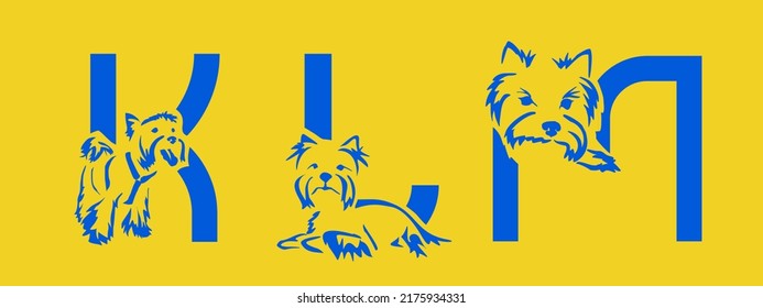 Juego de letras K, L, M con Yorkshire terrier. Alfabeto decorativo inusual. Alfabeto de perro basado en el diseño gestalt