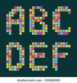 Set of letters lined with multicolored tiles on a dark blue background