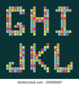 Set of letters lined with multicolored tiles on a dark blue background