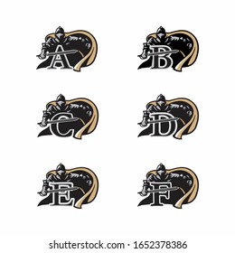 Set of letters logos, badges with knights, gladiators, spartan warriors. Logo design for fight clubs, fitness center, gym. Text is on the separate layer. 