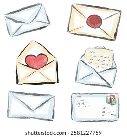 Set of letters, love letter, envelopes, watercolor, brush strokes. Vector, isolated, hand drawn.