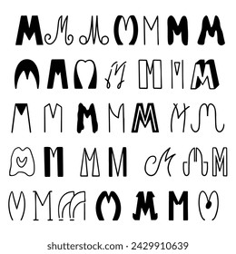 Set of letters M in different styles. Hand drawn lettering. Isolated on white background. Vector illustration