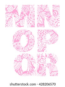 Set of letters M, N, O, P, Q,, R with pink floral pattern. Beautiful hand-drawn letters with a pattern. The oriental style. Tribal style. Summer floral ABC element in vector
