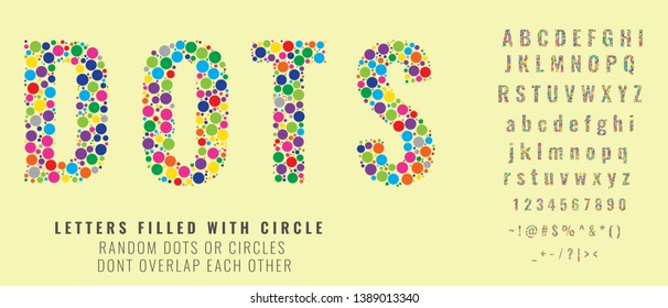 Set of letters made of colored dots or filled with circles. Creative fonts with capital, small letters, numbers and symbols. Vector illustration.