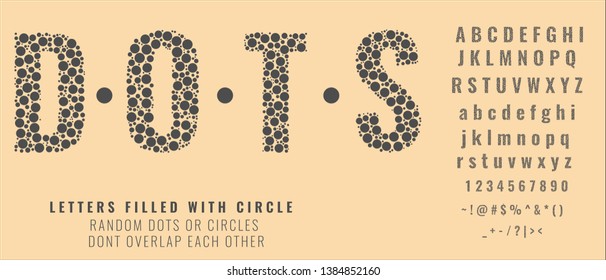 Set of letters made of dots or filled with circles. Creative fonts with capital, small letters, numbers and symbols. Vector illustration.