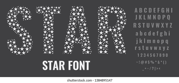 Set of letters made of stars. Creative fonts with capital, small letters, numbers and symbols. Flat vector illustration.