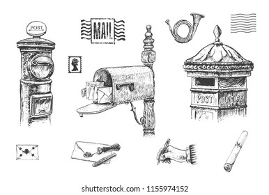 Set of letters, mail boxes, postal letterbox. Letter with sealing wax, postage stamps. The writing hand and post horn. Hand drawn vector vintage illustration