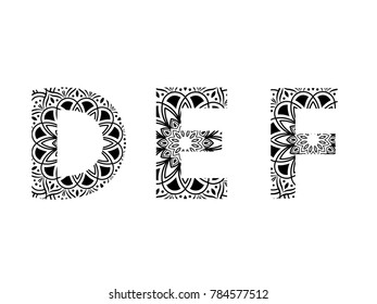 set of letters mandala pattern in font, set d, f, g - vector illustration