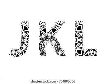 set of letters mandala pattern in font, set j, k, l - vector illustration