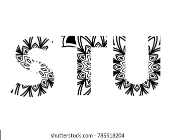 set of letters mandala pattern in font, set s, t, u - vector illustration