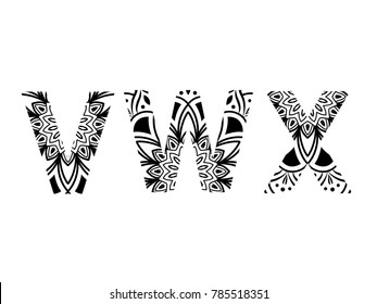 set of letters mandala pattern in font, set v, w, x - vector illustration
