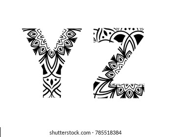 set of letters mandala pattern in font, set y, z - vector illustration