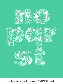 Set of letters n, o, p, q, r, s, t with white floral pattern. Beautiful hand-drawn letters with a pattern. The oriental style. Tribal style. Summer floral ABC element in vector