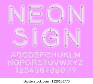 Set of letters in neon style. Vector font with light effect. Set of letters, numbers, text and font. Glow effect. Signboard Design.