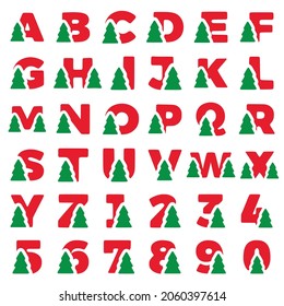 A set of letters and numbers decorated with a Christmas tree. Christmas or new year alphabet vector clip art.