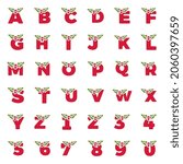 Set of letters and numbers decorated with mistletoe. Christmas alphabet vector clip art.