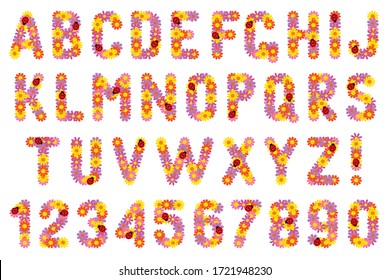 Set of letters and numbers of flowers with ladybirds.