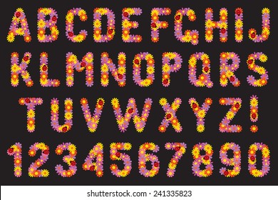 Set of letters and numbers of flowers with ladybirds.
