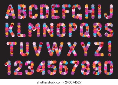 Set of letters and numbers of flowers with ladybirds.