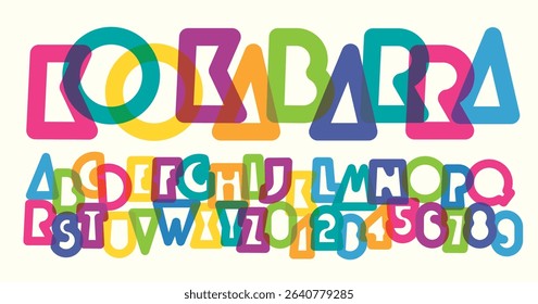 A set of letters and numbers of the Latin alphabet. Simple, thick, humorous, colorful geometric font with a festive theme. Cartoons, fairy tales, children's films, book. Letters Not used AI