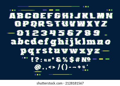 Set of letters, numbers and punctuation in glitch style. Modern pixel font.