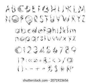 A set of letters, numbers and punctuation marks from threads. Abstract font.