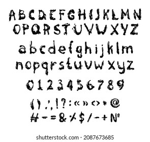 Set of letters, numbers and punctuation marks in grunge style. Abstract font.