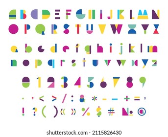 A set of letters, numbers and punctuation marks from geometric shapes in different colors. Modern abstract alphabet.