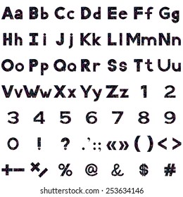 Set of letters, numbers, punctuation and mathematical signs stylized colorful serpentines and stars on black. Elements for design titles. Eps10, contains transparencies. Vector