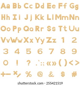 Set of letters, numbers, punctuation and mathematical signs stylized yellow parchment paper. Elements for design titles. Vector