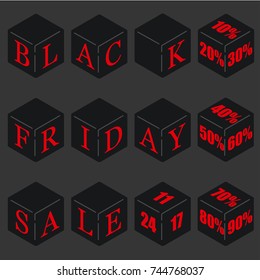 Set of letters on cubes for discounts on a black Friday. Vector isometric