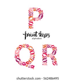Set of letters  P, Q and R, made from print kisses,  part of a complete alphabet collection for your writing or design