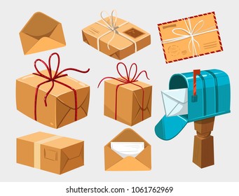 Set of letters, parcels, mail boxes. Vector illustration. Isolated