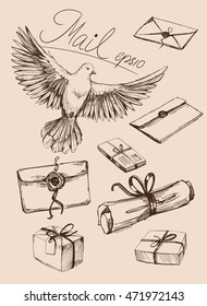 A set of letters, parcels, mail boxes. Sketch illustration. Isolated vector.