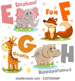 A set of letters with pictures of animals, words from the English alphabet. For the education of children. Animal characters are elephant, fox, giraffe, hippopotamus, hippo.