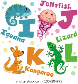 A set of letters with pictures of animals, words from the English alphabet. For the education of children. Animal characters are jellyfish, iguana, kangaroo and lizard.